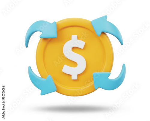 Golden dollar coin surrounded by four blue rotating arrows symbolizing money back guarantee and cashback rewards financial refund concept isolated on white art