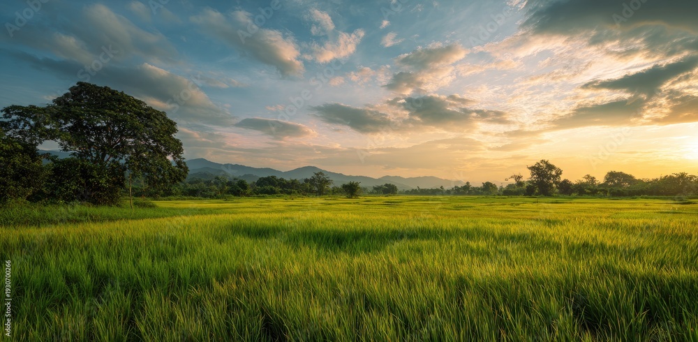 Obraz premium Golden hour over a vibrant green field with trees, mountains, and clouds