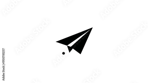 A simple, black paper airplane illustration, with a dot below, against a plain white background