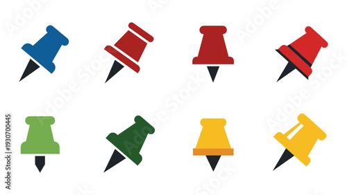 Colorful push pins arranged in two horizontal rows of four each