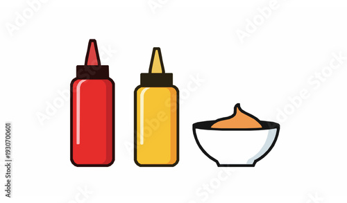 Minimal ketchup mustard bottles and sauce bowls vector illustration set