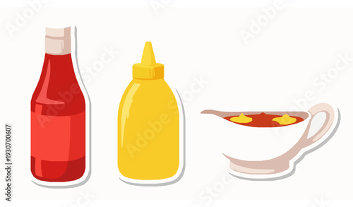 Fast food sauce bottles and dipping bowls cartoon sticker vector set