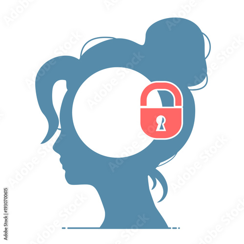 Female head. Psychological and mental health symbol of mental prison and restriction. Fixed mindset. Locked mind.