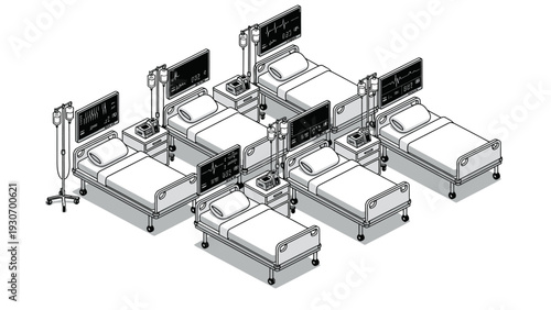 Isometric view of an empty hospital intensive care ward with multiple beds and medical equipment.