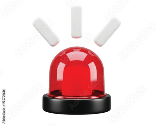 Red emergency siren flasher with white light beams shining upwards alert warning signal for security and safety awareness isolated on plain white background art