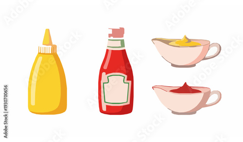 Cartoon ketchup and mustard sauce bottles vector fast food icon set