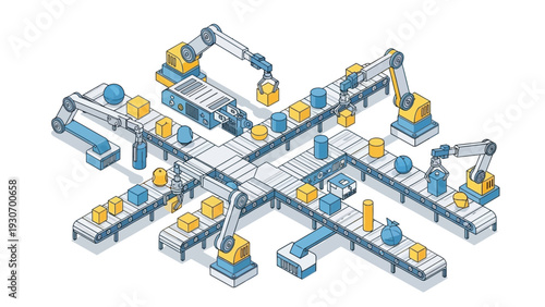Automated factory production line with robotic arms moving products on conveyor belts.