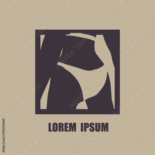 Illustration of a beautiful fashion model posing in a stylish swimsuit. Back view. Young attractive woman in bikini. Silhouette for branding, fashion emblem in a rectangle frame.