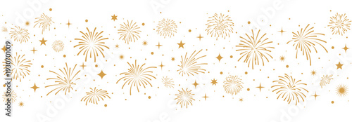 Fireworks border, New Year banner, gold fireworks and stars