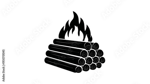 A black and white illustration of firewood stacked in a pile, with flames rising above