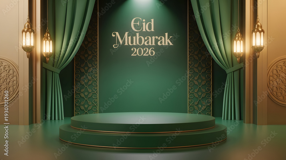 Fototapeta premium Eid mubarak 2024 celebration background with green stage and lights