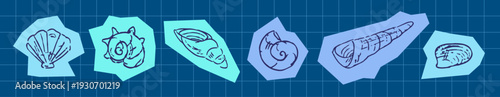 Hand drawn blue sea shells collection on colorful organic shapes, nautical doodle sketch style elements on dark blue grid background for aesthetic scrapbook