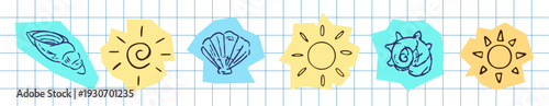 Hand drawn summer sea shells and sun collection on colorful organic paper cut shapes, blue and yellow doodle sketch style elements on grid background