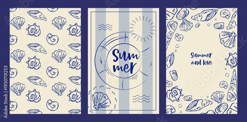 Nautical summer design set with seamless pattern, beach poster and greeting card, hand drawn vector illustrations in grunge chalk charcoal rough doodle sketch style