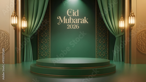 Eid mubarak 2024 celebration background with green stage and lights