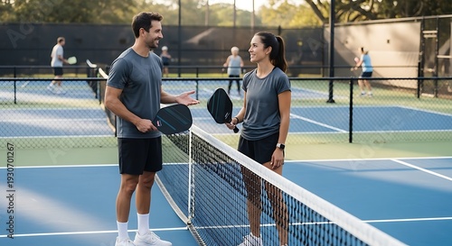 Couple talks on pickleball court with other players in background.