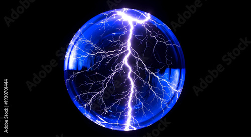 Electricity sparks within a glass sphere, displaying vibrant blue lightning against a dark background, captured from a close-up viewpoint, showcasing electricity in action.