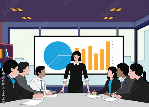 Corporate team discussing business strategy and financial performance in boardroom meeting