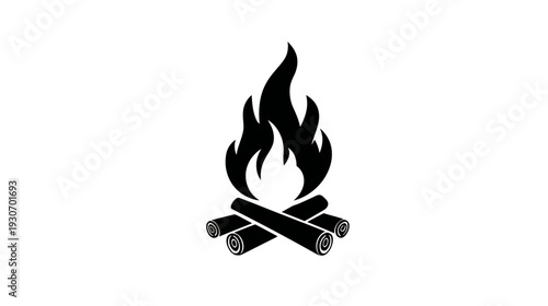 A monochrome illustration of a campfire, featuring burning flames atop a collection of logs