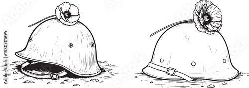 Military Helmet with Poppy Flower – Remembrance Day Symbol Black and White. 