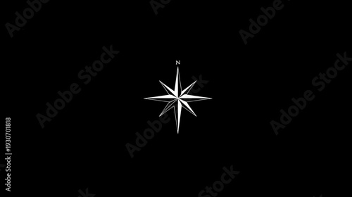 A white compass rose, pointing north, against a black background. Simple, geometric design