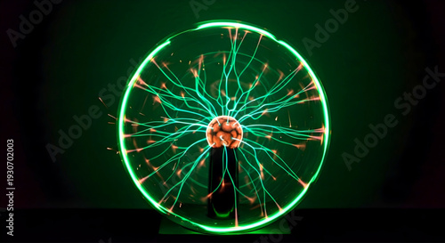 A plasma lamp glowing with vibrant colors and dynamic light patterns is showcased on a stand in a dark room from a front viewpoint as an illustration