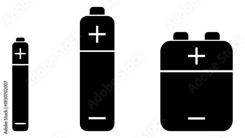 Ilustración de pilas o baterias. Conjunto de icono de energía o electricidad. Vector blanco y negro para folleto, app, sitio web, ferreterías, negocios, tiendas y otros.