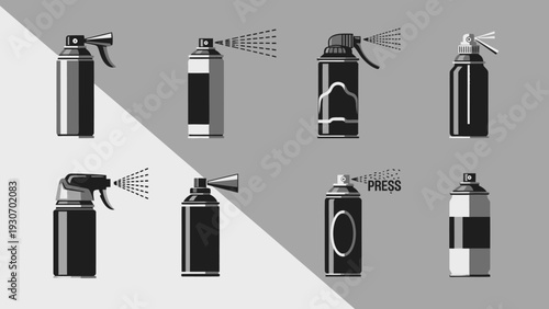 Set of spray cans in black and white against grayscale background