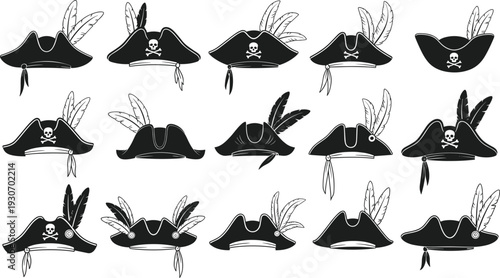 Black silhouette vector set of various pirate hats with feathers and skull crossbones icons for maritime adventure nautical costumes buccaneer branding and historical illustrations