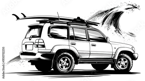 Artistic black and white illustration of an SUV with a surfboard on top, against a wave
