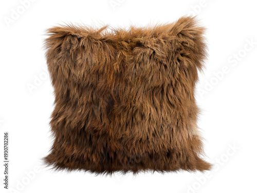 Bilde på lerret Brown fluffy faux fur decorative pillow isolated PNG, square shaggy cushion in w