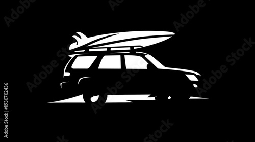 A monochrome illustration showcasing a vehicle with a surfboard on its roof, set against a dark backdrop
