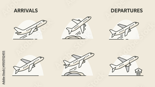 Airplane icons arrivals and departures for transportation and travel concepts