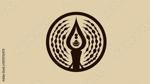 Circular emblem design featuring a central droplet-like form with a bowl and orbs