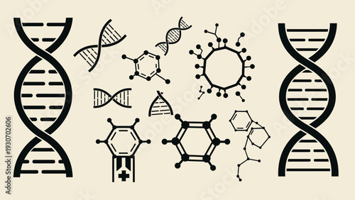 Abstract dna structures and molecular diagrams on cream background