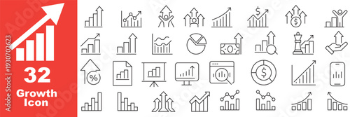Growth icon set. Containing arrow up, growing graph, business chart icons. Vector illustration.
