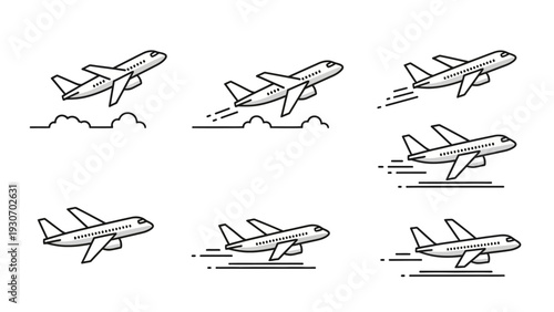 Airplane icons set of graphic illustrations depicting flight and travel