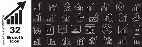 Growth icon set. Containing arrow up, growing graph, business chart icons. Vector illustration.