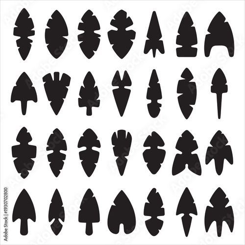 Primitive Arrowhead Silhouettes Vector Stone Tool Clip Art Set