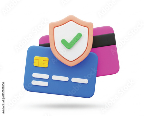 Credit card with secure shield 3d render illustration, financial transaction protection, online payment safety