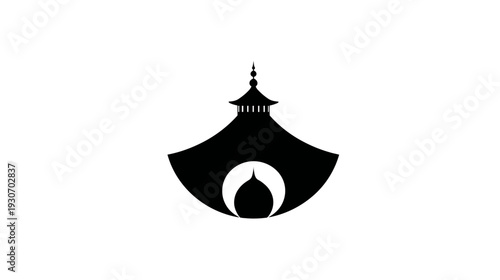 Black and white abstract pagoda symbol with a curved roofline and centered silhouette