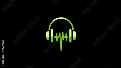 A neon green headphone icon with a sound wave emitting, set on a dark background