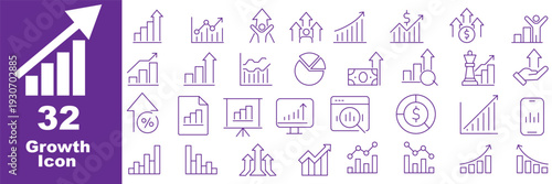 Growth icon set. Containing arrow up, growing graph, business chart icons. Vector illustration.