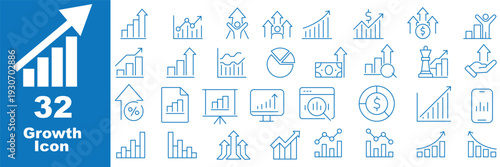 Growth icon set. Containing arrow up, growing graph, business chart icons. Vector illustration.