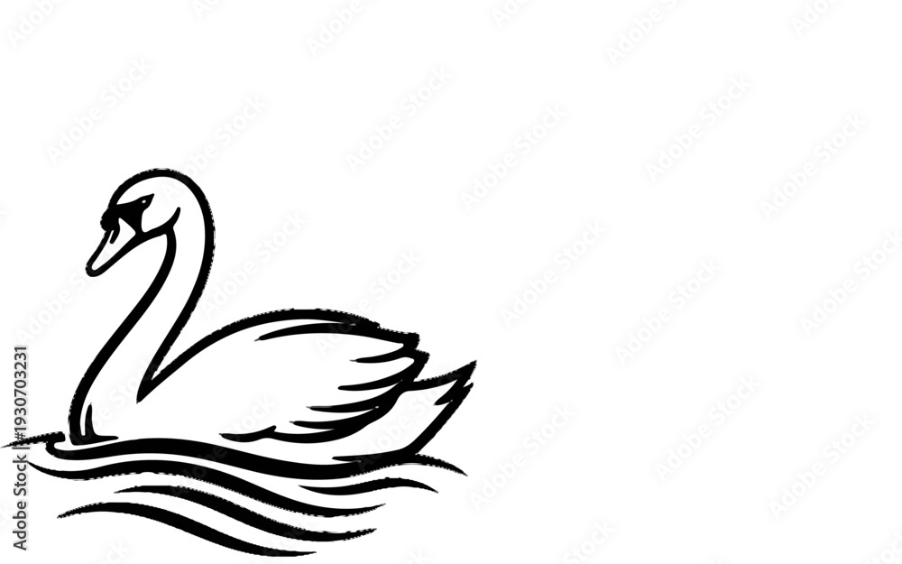 Naklejka premium Stylized black line drawing of a swan gracefully gliding on wavy water