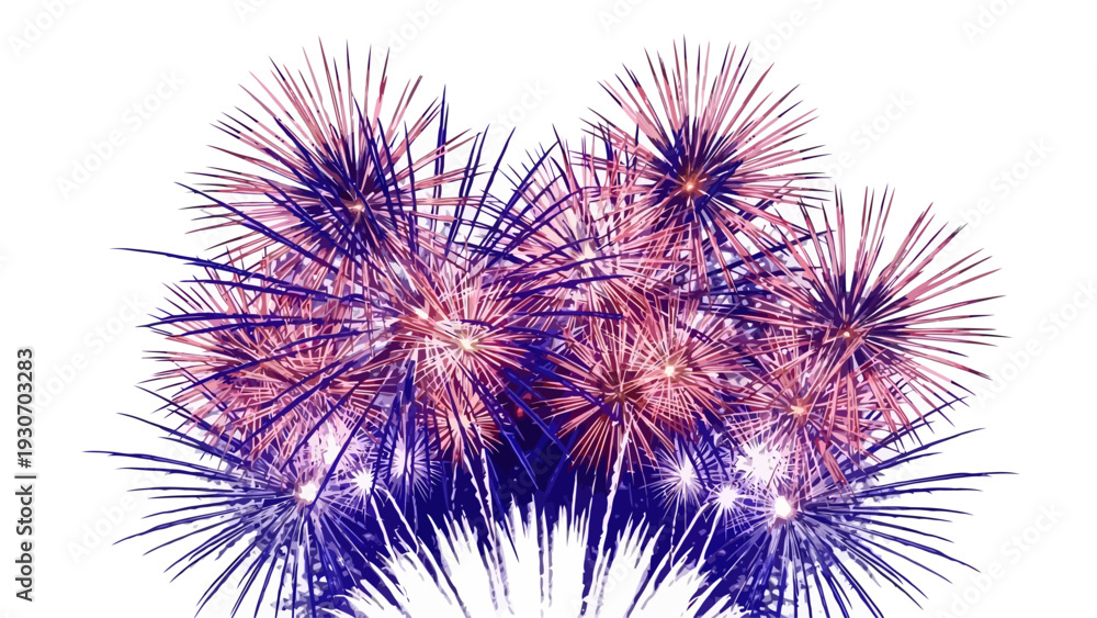 Fototapeta premium Vibrant red and blue fireworks exploding on a white background.