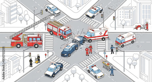 Emergency Vehicles at City Intersection.