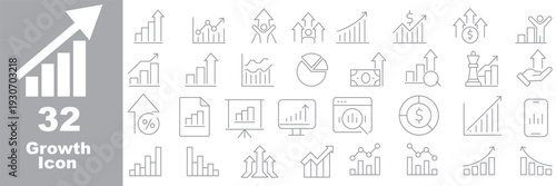 Growth icon set. Containing arrow up, growing graph, business chart icons. Vector illustration.