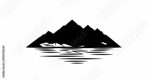 Stylized black mountain peaks reflected in rippling water with a white background