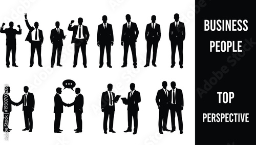 Business people silhouette set, professional men in suits handshake meeting discussion standing poses isolated vector illustration collection